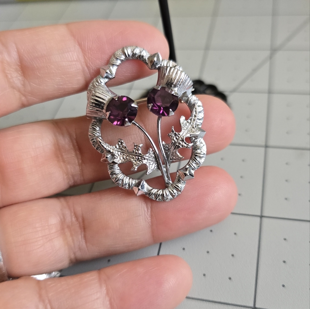 Silver and Purple Gemstone Brooch